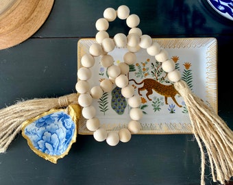 Natural Small Blessing Beads with Decoupage Blue & White Floral Oyster Shell and Twine Tassels- Welcome, Hamptons Style, Coastal Beads