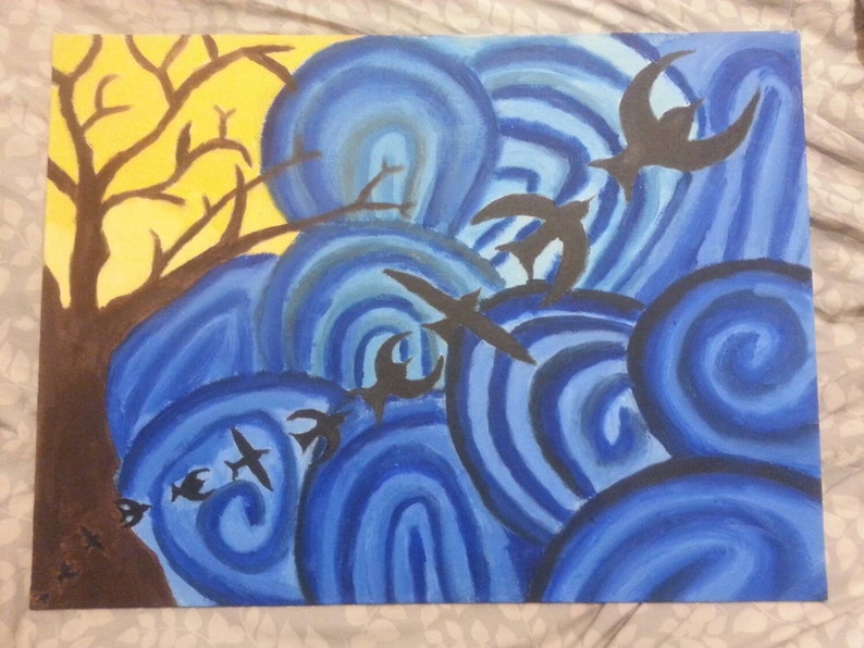 Remous De Vol Oiseau Peinture Acrylique Bleu Arbre Mort Et Etsy