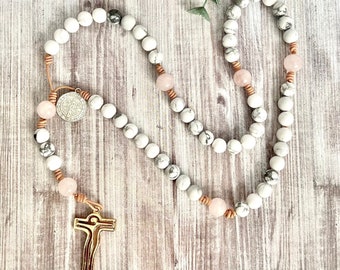 White natural stone Holy Rosary, genuine leather knotted Rosary, St. Benedict prayer Rosario, durable and delicate Religious Gift, Communion