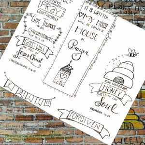 May include: Black and white printable coloring page with inspirational quotes and bible verses. The page features a house with a heart, a beehive, and a banner with the word "Forgiven".