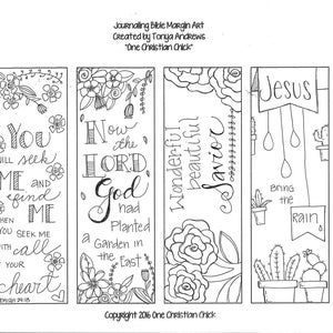 May include: Four black and white printable bookmarks with floral designs and inspirational quotes. The bookmarks feature the text "You will seek me and find me when you seek me with all your heart", "Now the Lord God had planted a garden in the east", "Wonderful beautiful Savior", and "Jesus Bring the Rain".