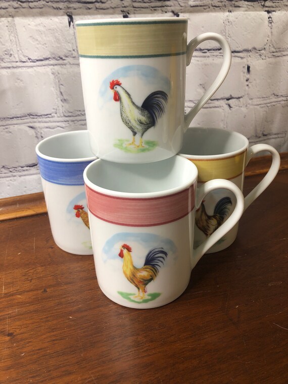 I. Godinger & Co. White Porcelain ROOSTER Set of 4 Coffee/tea Mugs ,country  Decor, Rooster Collectibles, Farmhouse Kitchen 