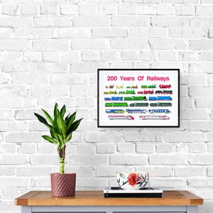 May include: A framed print titled "200 Years Of Railways" featuring a colorful array of train illustrations. The artwork showcases various train designs in red, green, blue, and other colors, set against a white background. The print is displayed on a white brick wall.