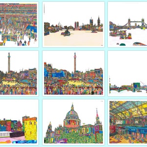 Jeux de cartes postales artistiques de vues de Londres. Dessins colorés et dessins au trait.