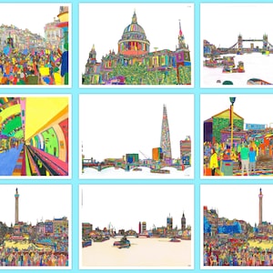 Conjuntos de postales artísticas. Dibujos coloridos y lineales. Vistas de Londres, Oxford, Cambridge y otras.