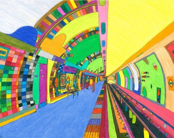 London Underground. Multicoloured Pencil Drawing. High Quality Print