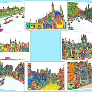 Set kunstvolle Postkarten von Cambridge Views. Farbenfroh und strichzeichnungen.