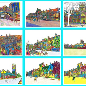 Conjuntos de cartões postais artísticos de Oxford Views. Desenhos coloridos e lineares.