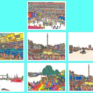 Set di cartoline d'auguri artistiche con viste di Londra. Disegni colorati e al tratto.