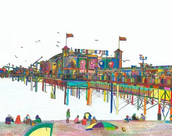 Brighton Pier. Multicoloured Pencil Drawing. High Quality Print