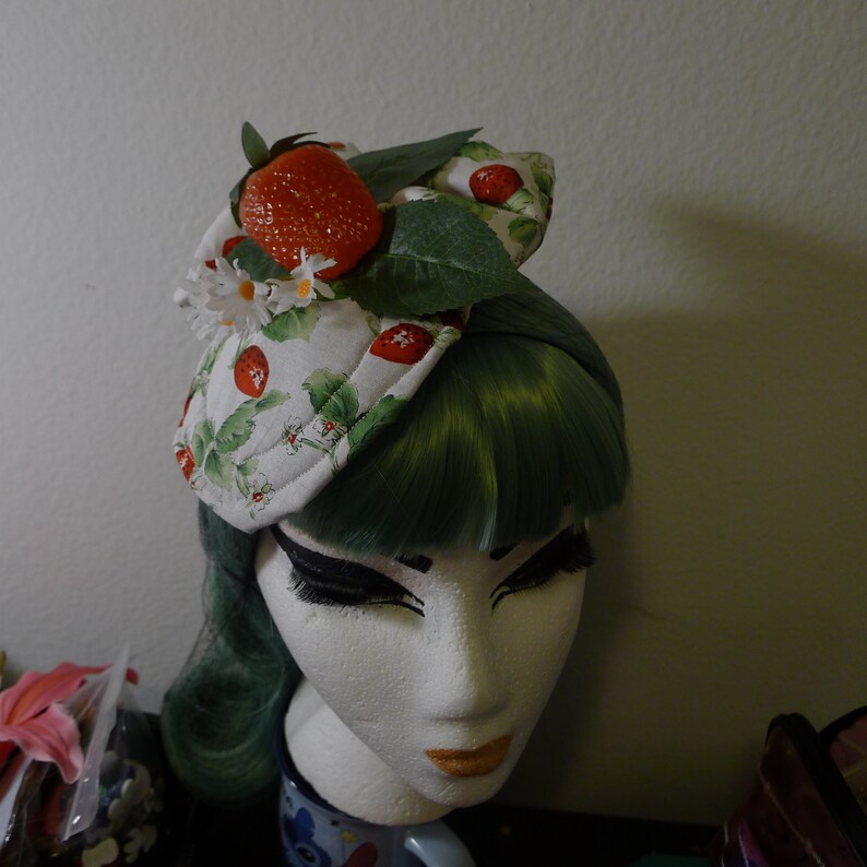 Strawberries Fascinator Mini Hat w Bow Pinup Rockabilly Summer Vintage Retro ......