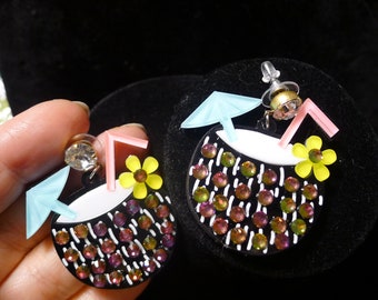 with Gold Accents White Hoops with Black Tiki Earrings Retro Modern Kitsch Vintage Pinup Rockabilly Aloha Hawaii  ....