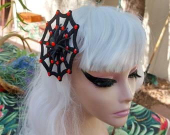 Spiderweb Hair Clip w Spider , Cobweb w Orange Swarovski Crystals, Elvira, Black Widow, Pinup, Rockabilly Halloween Creepy Horror ....