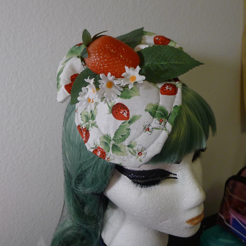 Strawberries Fascinator Mini Hat w Bow Pinup Rockabilly Summer Vintage Retro ......
