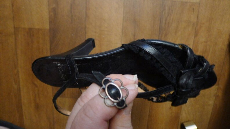 with Bow and Lace Black Vintage Sandals in Fine Lamb Leather from Paris Retro 50s Pin Up Dita Rockabilly Size 8,5 Burlesque Kawaii