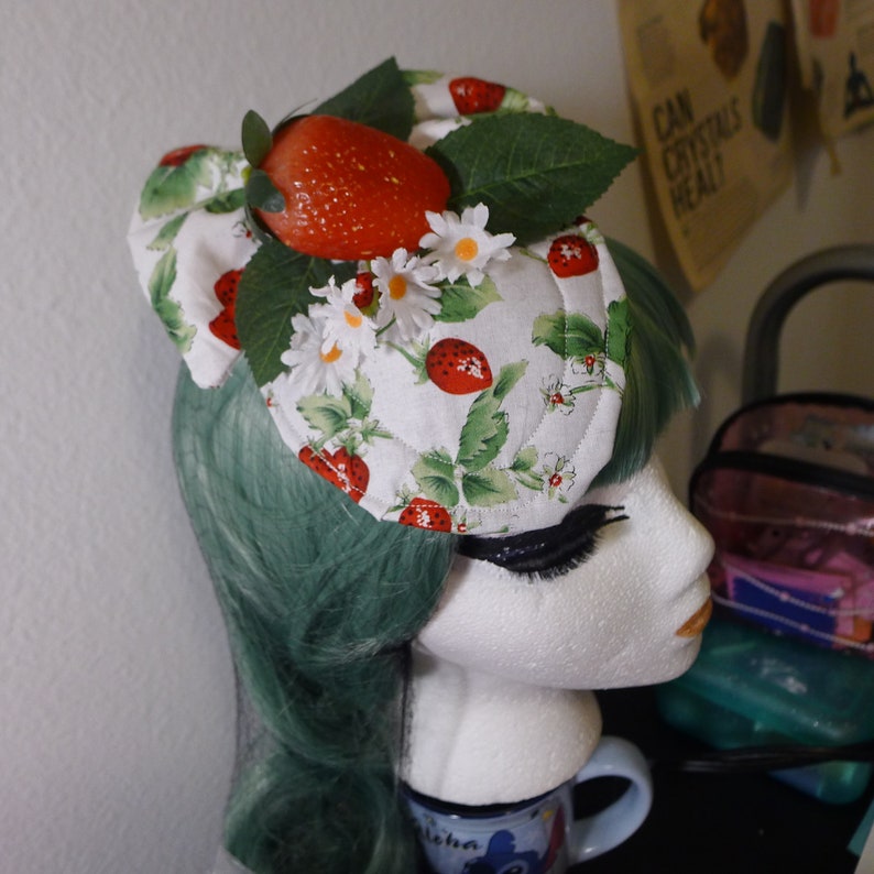 Strawberries Fascinator Mini Hat w Bow Pinup Rockabilly Summer Vintage Retro ......