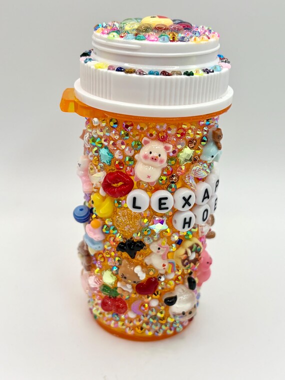 Bedazzled Pill Bottle: Rhinestone & Charm Decor, Custom Word Beads
