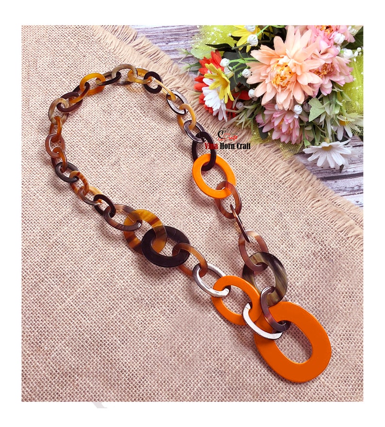 Horn jewelry chain necklace lacquer handmade in Vietnam buffalo horn jewelry Orange