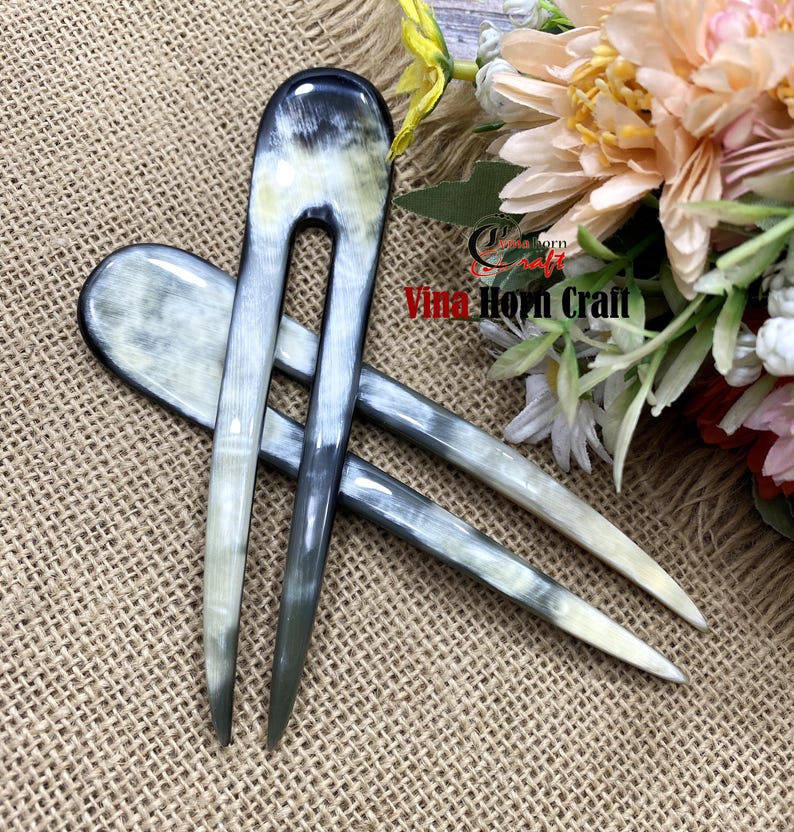 Horquilla de cuerno de búfalo natural hecha a mano: elegante accesorio bohemio para el cabello, hecha a mano en Vietnam. imagen 10