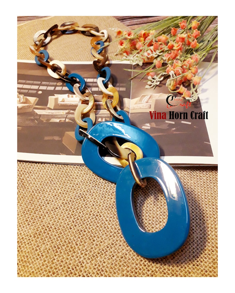 Horn jewelry chain necklace lacquer handmade in Vietnam buffalo horn jewelry Blue