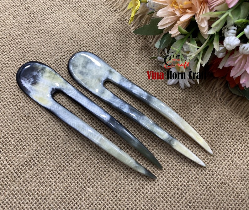 Horquilla de cuerno de búfalo natural hecha a mano: elegante accesorio bohemio para el cabello, hecha a mano en Vietnam. imagen 12