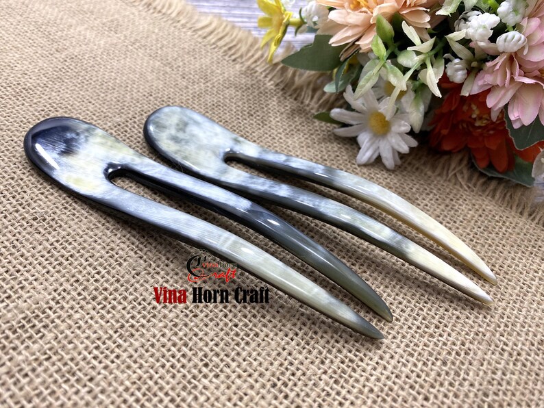Horquilla de cuerno de búfalo natural hecha a mano: elegante accesorio bohemio para el cabello, hecha a mano en Vietnam. imagen 11
