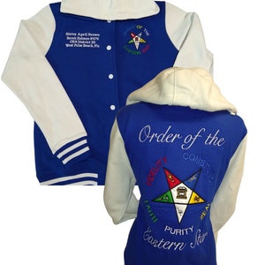 Eastern Star, OES, Chapter Jacket, Varsity Jacket, Medium Weight with Detachable Hood, Ladies Fit, Custom Made To Order