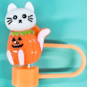 White Pumpkin Cat Straw Topper