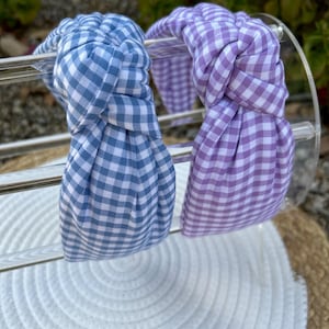 blue and purple gingham knotted headbands for Easter, women’s hair accessories for spring, adult top knot fabric soft padded headbands