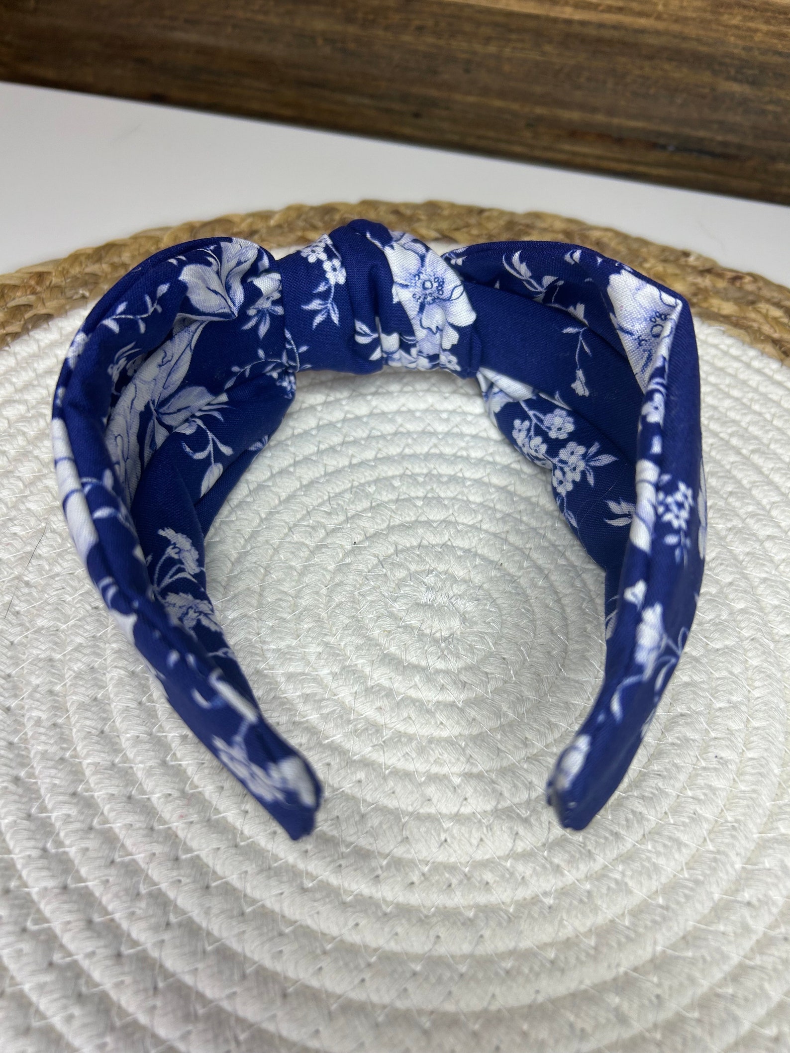 Navy Blue Floral Headband With White Flower Top Knot Hampton Style Hair ...