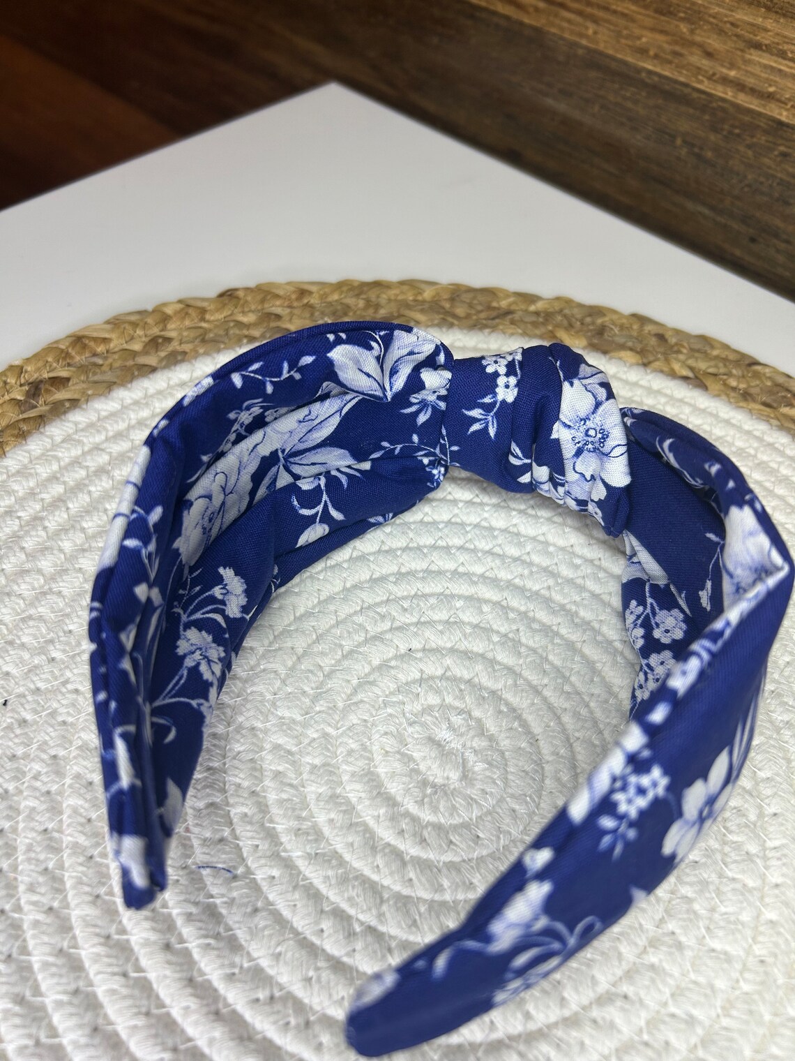 Navy Blue Floral Headband With White Flower Top Knot Hampton Style Hair ...