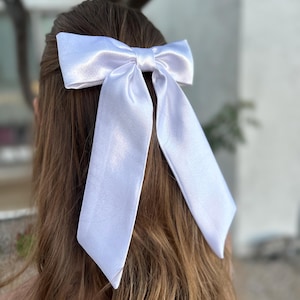White Satin Hair Bow, Long Tail Hair Ribbon, Bridal Satin Bow, White Ribbon Hair Accessory,Satin Bow for Ponytail, handmade white satin bow