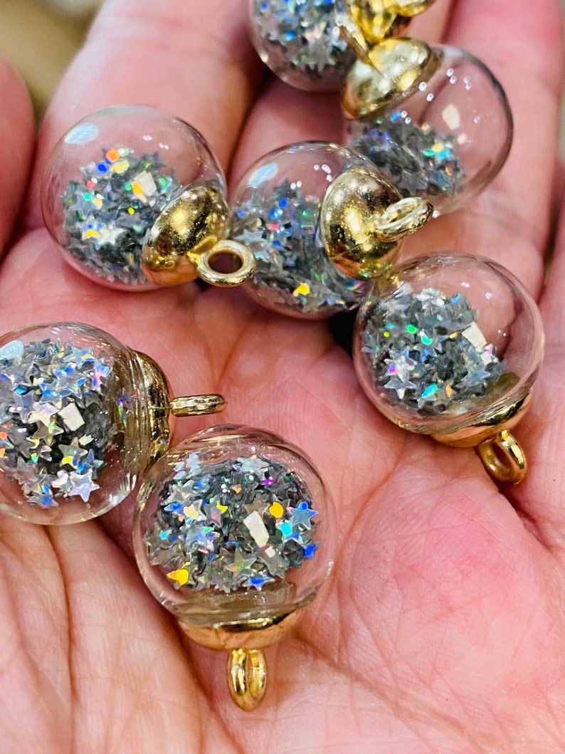 Glass ball charms with confetti stars, charms and pendants, gold charms, charm bracelets, bracelet making, 5 charms per pack image 5