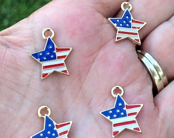 Enamel charms, American flag charms, star shaped charms, charm bracelet, jewelry making, 5 charms per pack