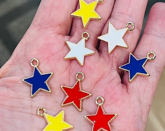 Enamel charms, rainbow charms, star shaped charms, charm bracelet, jewelry making, 5 charms per pack, red star charms, pendants