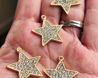 Gold rhinestone star shaped charms, bracelet charms, stars, charm bracelets, jewelry charms, 5 charms per pack, star pendants