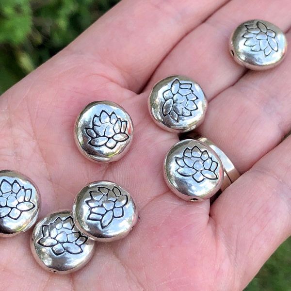 Tibetan style silver Lotus beads, 14mm flat round beads, lotus flower beads, chakra beads, silver jewelry beads, 5 beads per pack