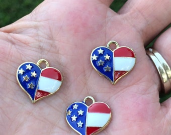 Enamel American flag charms, heart shaped charms, cute bracelet charms, charm bracelet, jewelry making, 5 charms per pack