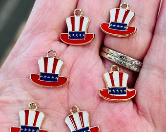 Enamel charms, Uncle Sam hat charms, American flag charms, charm bracelet, jewelry making, 5 charms per pack