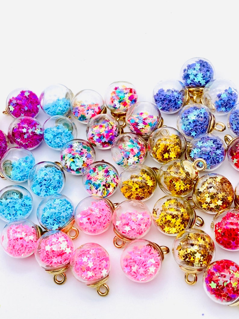 Glass ball charms with confetti stars, charms and pendants, gold charms, charm bracelets, bracelet making, 5 charms per pack image 7