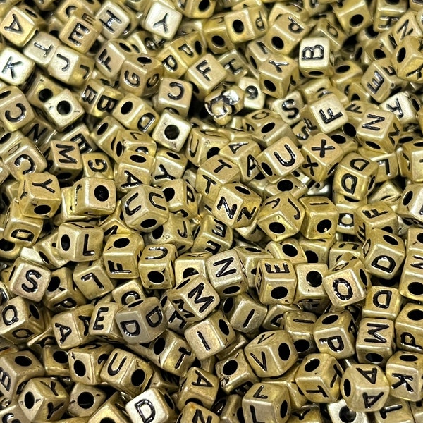 4mm cube shaped alphabet beads, gold letter beads, jewelry beads bracelet beads 100 beads per pack