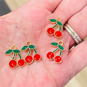 Enamel cherry charms, fruit charms, gold charms, cherrys, jewelry charms, charm bracelets, bracelet making