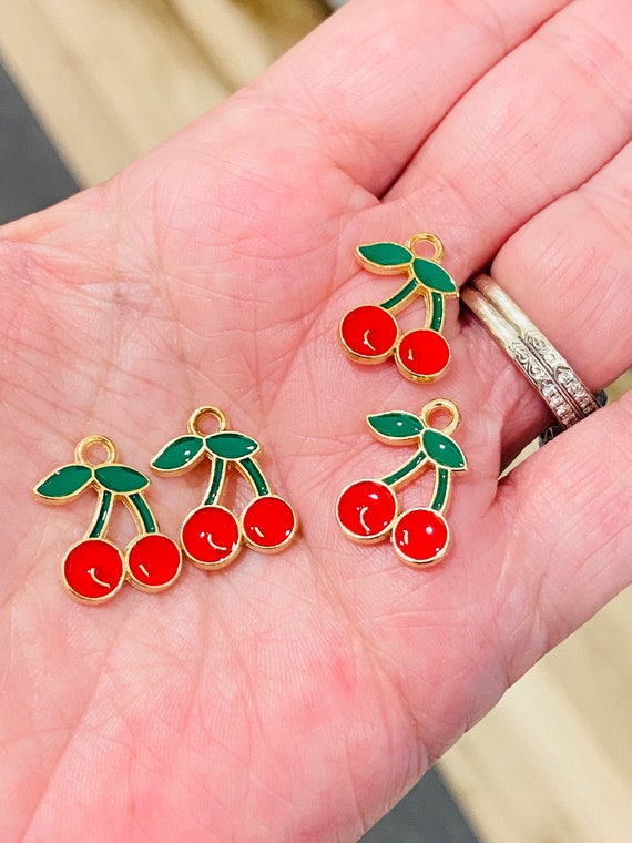 Enamel cherry charms, fruit charms, gold charms, cherrys, jewelry charms,  charm bracelets, bracelet making