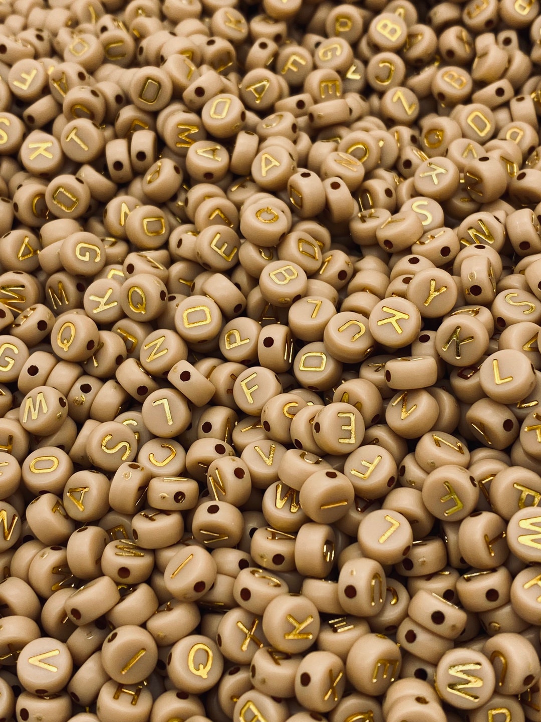 7mm Alphabet Beads, Acrylic Letters, Tan With Gold Letters, Word Beads ...