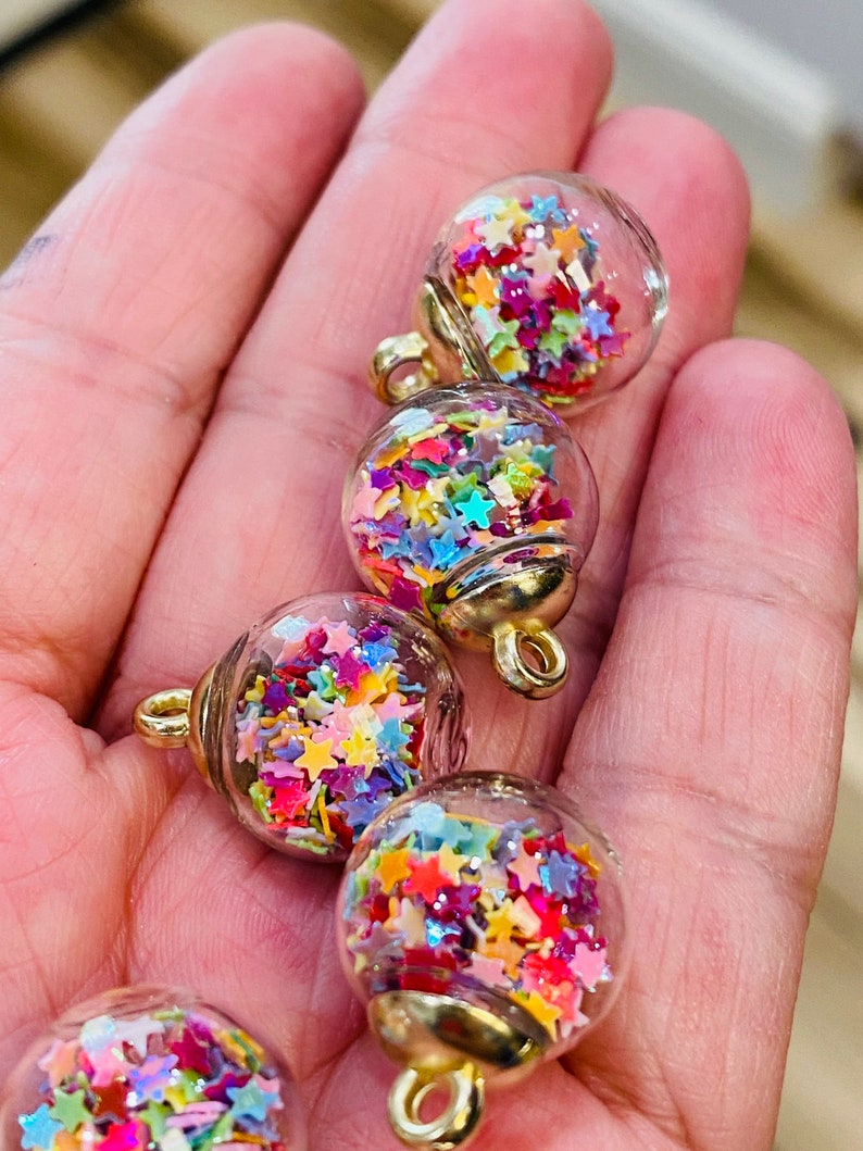 Glass ball charms with confetti stars, charms and pendants, gold charms, charm bracelets, bracelet making, 5 charms per pack image 6