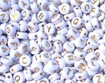 7mm alphabet beads, white and gold letter beads name making beads bracelet beads 100 beads per pack