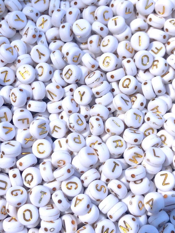 Buy 7mm Alphabet Beads, White and Gold Letter Beads Name Making