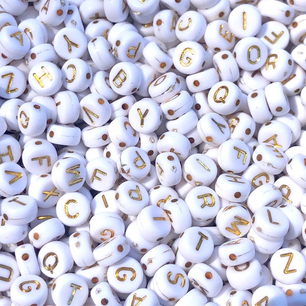 7mm alphabet beads, white and gold letter beads name making beads bracelet beads 100 beads per pack