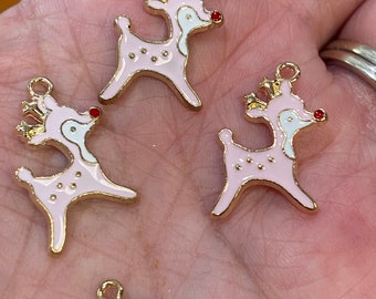 Enamel deer charms, Christmas charms, pink charms, bracelet charms, animal charms, reindeer charms