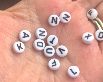 White alphabet beads, 7mmletter beads, flat round beads, acrylic beads, beads for kids, jewelry making beads, name beads, 100 beads per pack